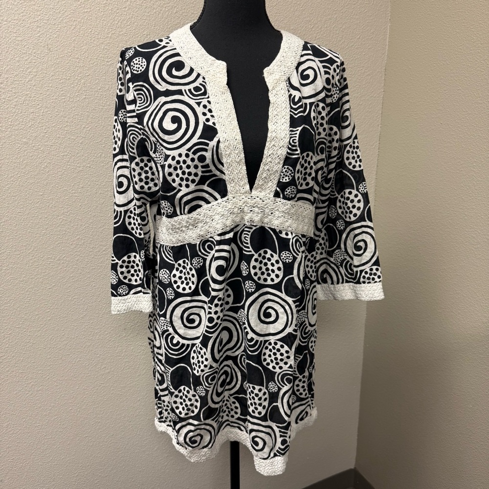 Peppermint Bay Boho Tunic Top Black White Cotton Crochet Trim Beach Large - Picture 2 of 9